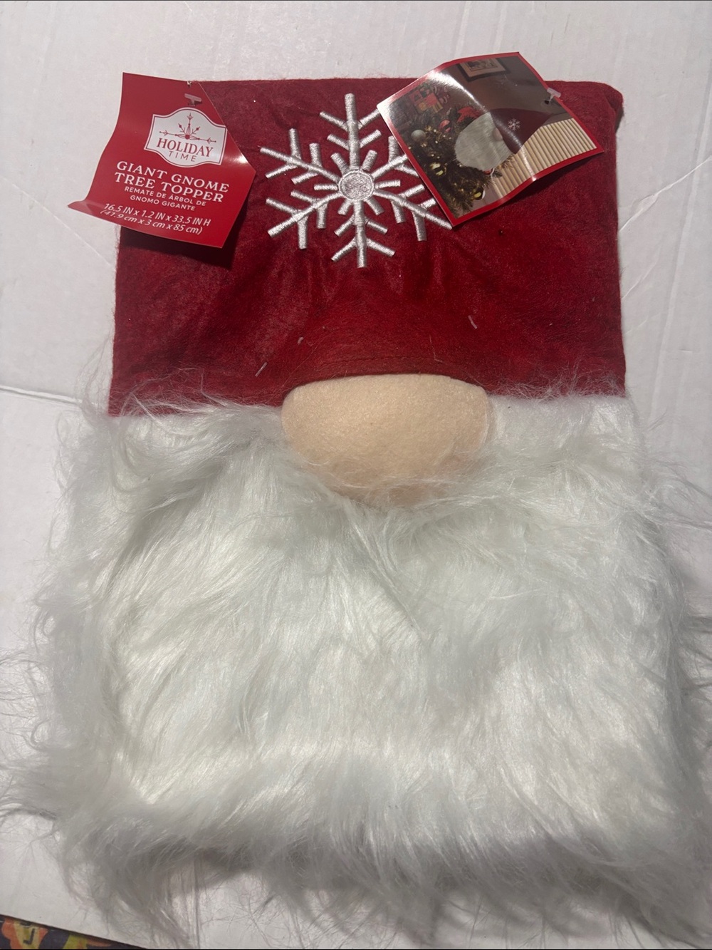 Holiday Time Red Gnome Tree Topper with White Faux Beard and Snowflake Accent